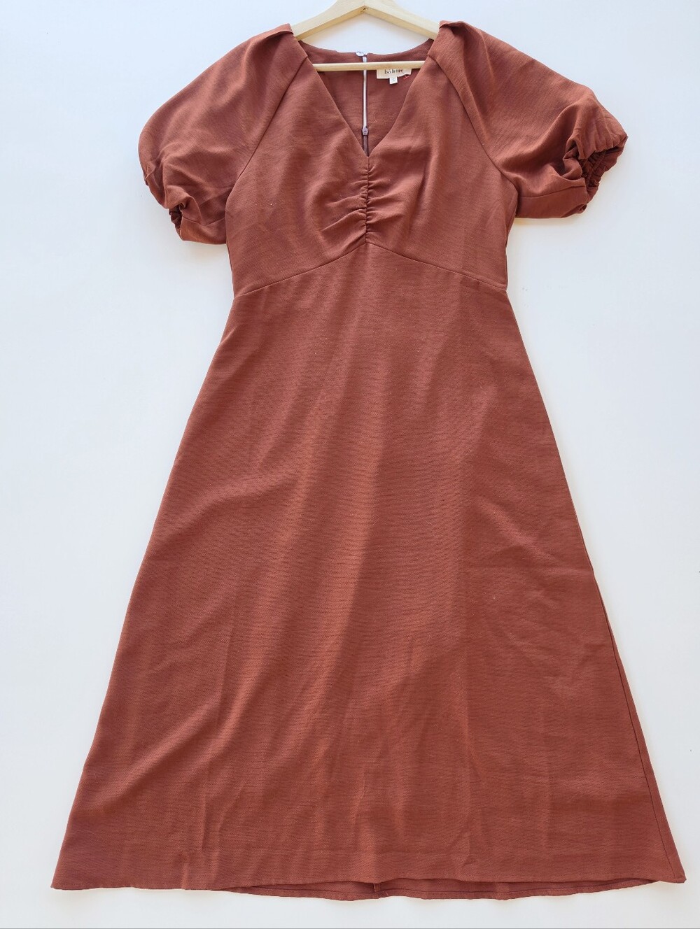 Bohme Rust Color V-neck Puff Sleeve Midi Dress